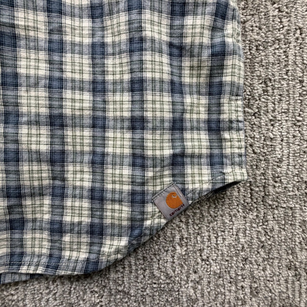 VTG Carhartt Button Down Shirt Mens 2XL Blue Plaid Short Sleeve Relaxed Fit - Picture 5 of 8
